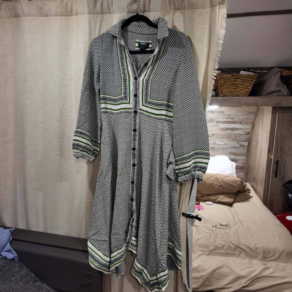 Anthropologie Maeve Constantine Midi Dress Polka Dot Green Blue Button Front